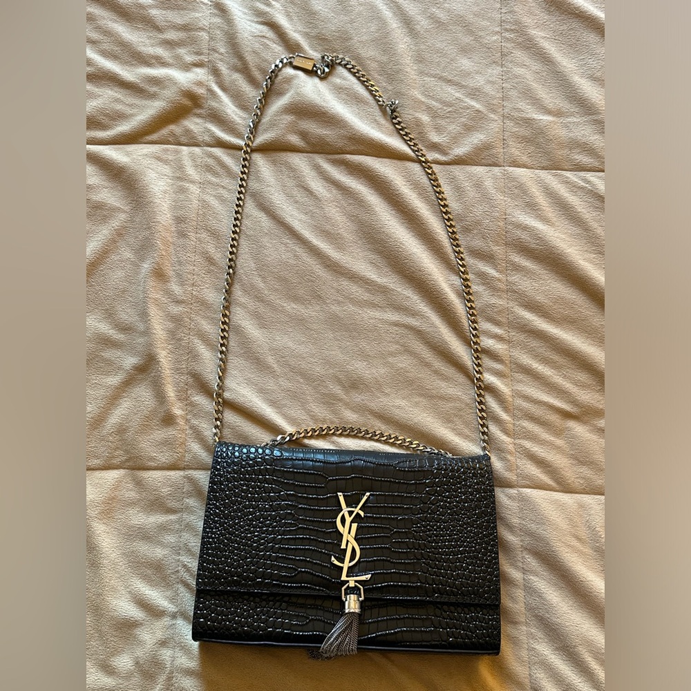 YSL Kate Tassel Crocodile Embossed Crossbody Bag Black and Silver